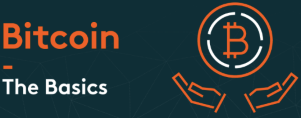 Bitcoin - The Basics banner with a Bitcoin symbol inside a circle held by two open hands