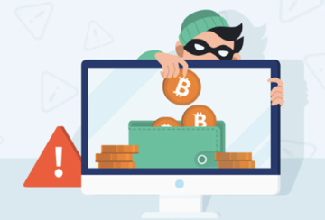 Illustration of a hacker at a laptop with a Bitcoin wallet, representing an online investment scam