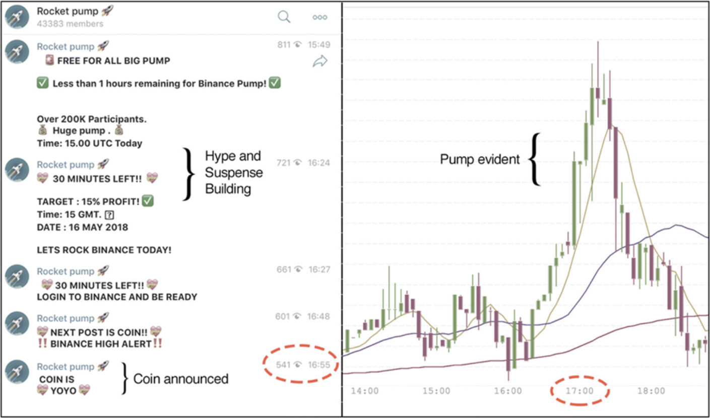Pump-and-dump scheme showing a Telegram chat next to a price chart spike