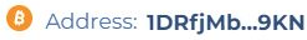 QLUE address label reading Address: 1DRfjMb...9KN