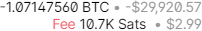 Transaction detail showing -1.07147560 BTC equal to -$29,920.57 with a fee of 10.7K sats