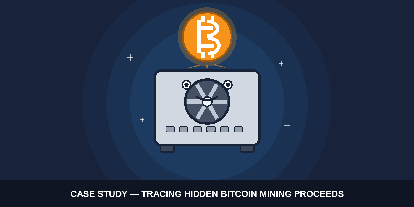 Cartoon illustration of a Bitcoin mining rig with a bitcoin coin above it