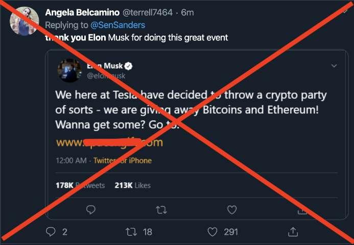 A fake tweet impersonating Elon Musk announcing a Tesla crypto giveaway, marked with a red X to show it is a scam