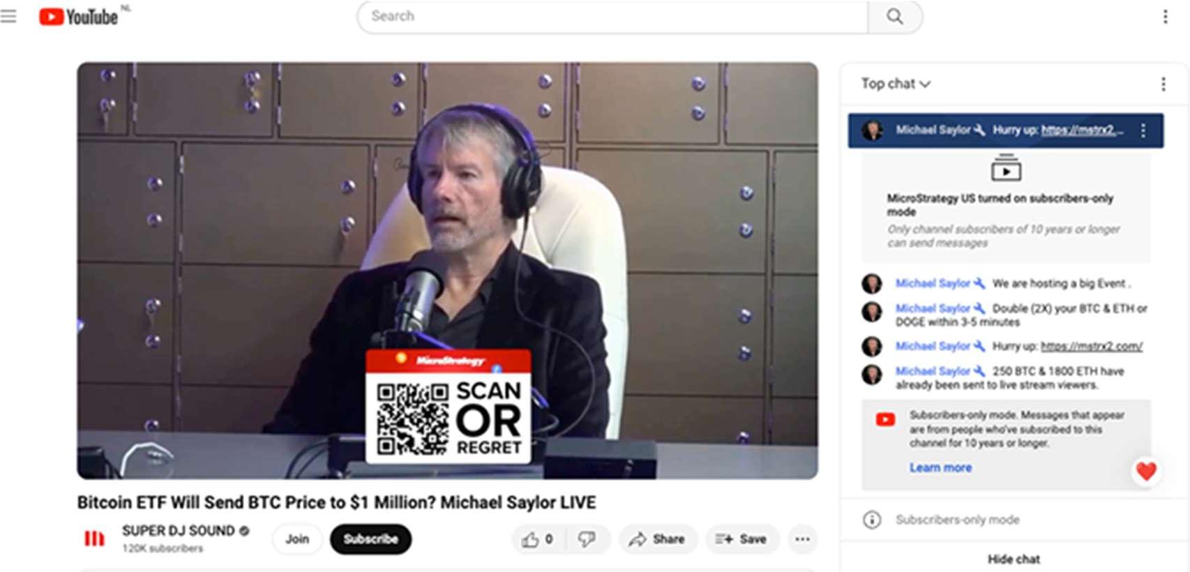 Manipulated YouTube live stream of Michael Saylor discussing a Bitcoin ETF, with a fake chat impersonating him promoting a giveaway link