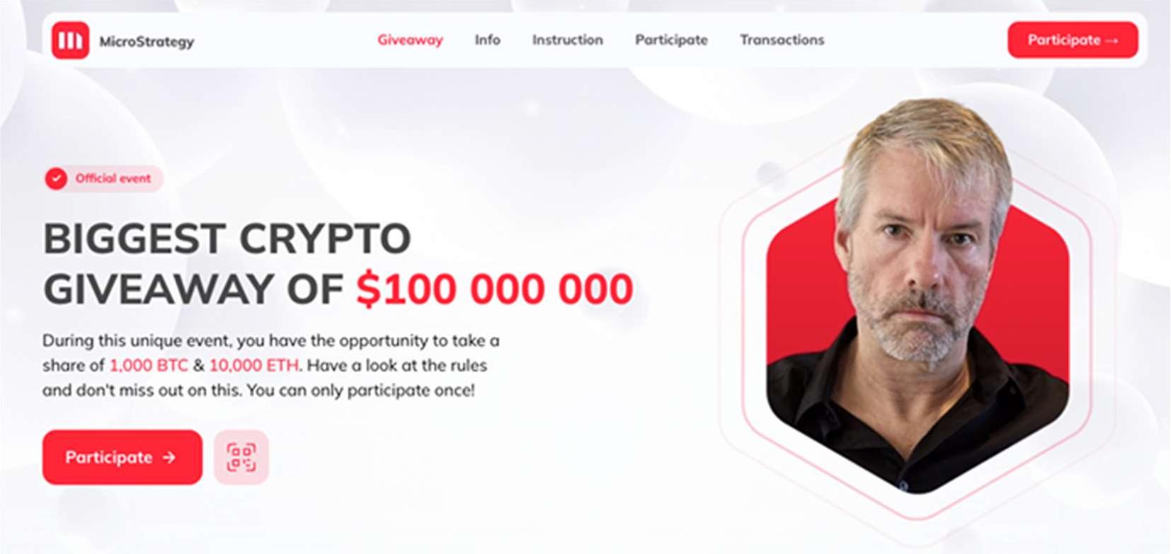 Fake MicroStrategy-branded website promoting a biggest crypto giveaway of $100,000,000 featuring a photo of Michael Saylor