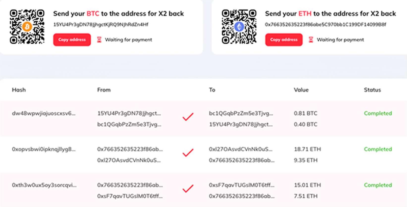 Fake transaction list on the scam website showing supposedly completed BTC and ETH payback transactions with partially hidden addresses