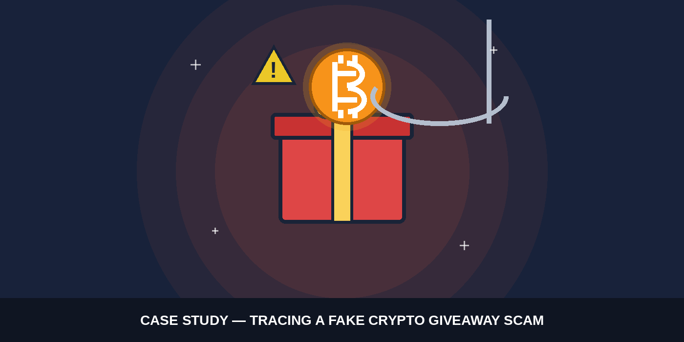 Cartoon illustration of a gift box with a bitcoin coin being pulled out on a fishing hook, next to a warning triangle