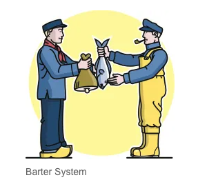 Barter System — two figures trading a goat and a fish