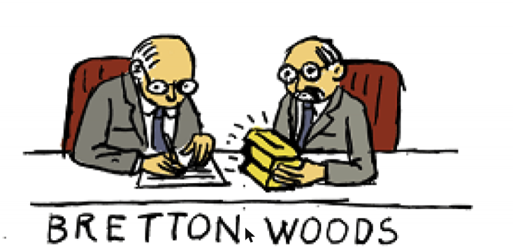 Bretton Woods — two delegates signing an agreement over a stack of gold