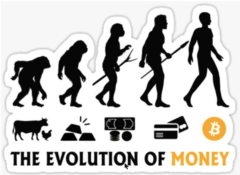 The Evolution of Money — a silhouette progression from ape to man with cattle, gold, cash and Bitcoin icons