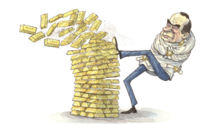 Richard Nixon kicking over a stack of gold bars