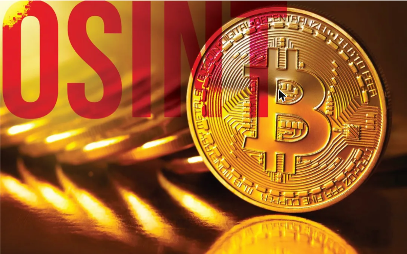 OSINT text overlaid on a gold Bitcoin coin