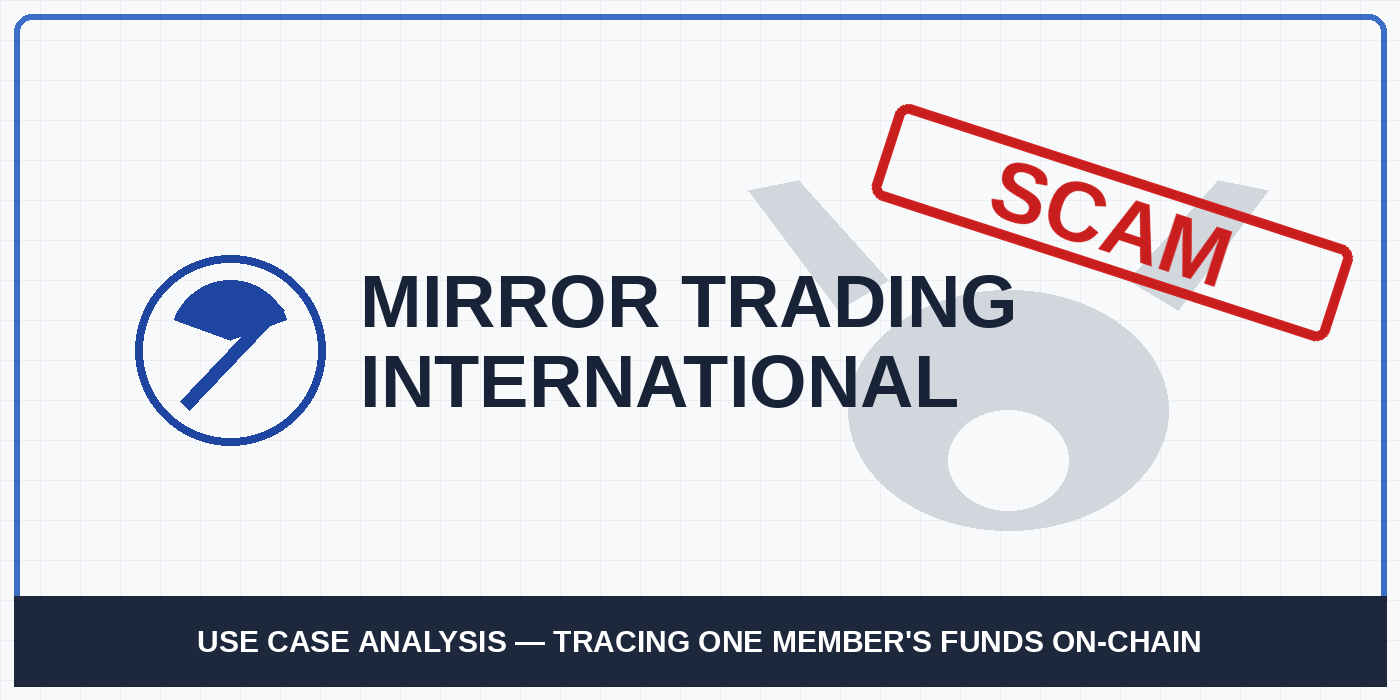 Mirror Trading International logo stamped SCAM, banner reading Case Study — Analysing a $1.7bn Crypto Investment Scam