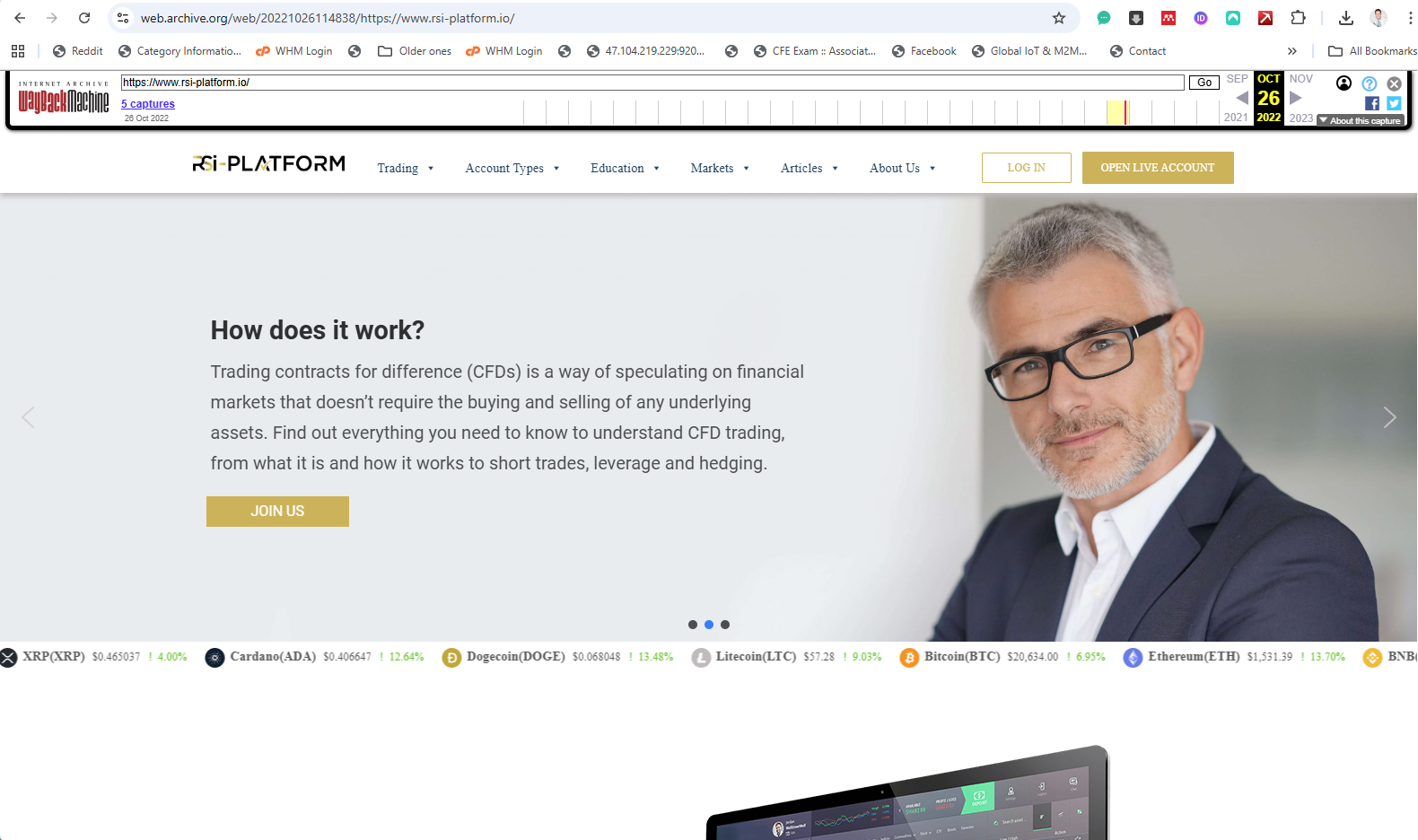 Wayback Machine archived capture of the RSI-Platform website home page from October 2022, showing a How does it work? section on CFD trading and a live cryptocurrency price ticker