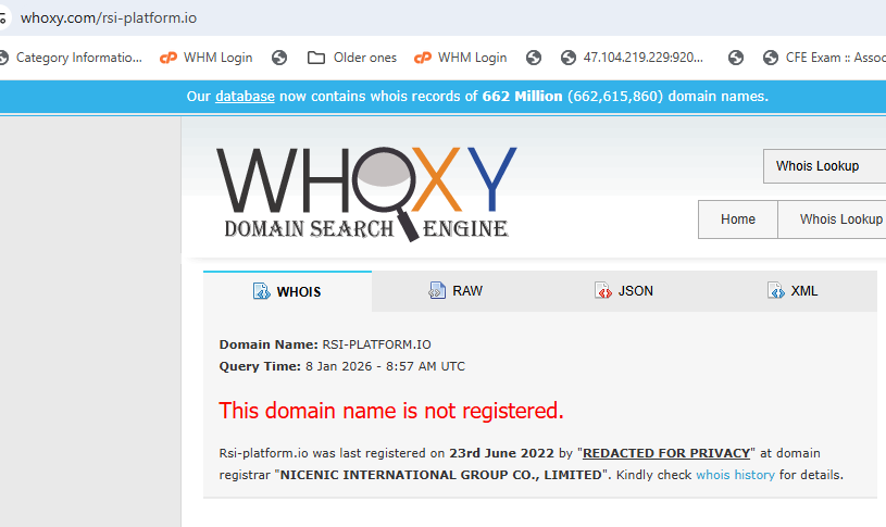 WHOXY domain search engine WHOIS lookup result for rsi-platform.io showing the domain is no longer registered, was last registered 23 June 2022 through NiceNic International Group Co. Limited, with the registrant redacted for privacy