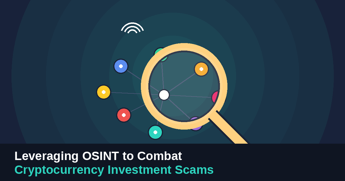 Cartoon illustration of a magnifying glass hovering over a network of connected open-source intelligence nodes representing social media, domain and contact data sources