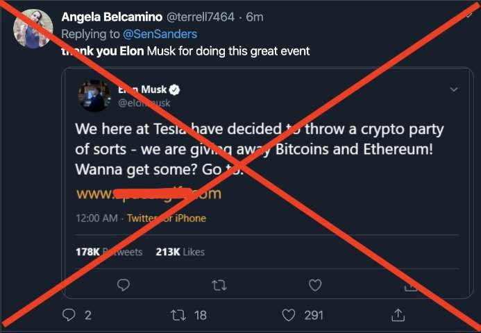 A fake tweet impersonating Elon Musk announcing a Tesla crypto giveaway, marked with a red X to show it is a scam