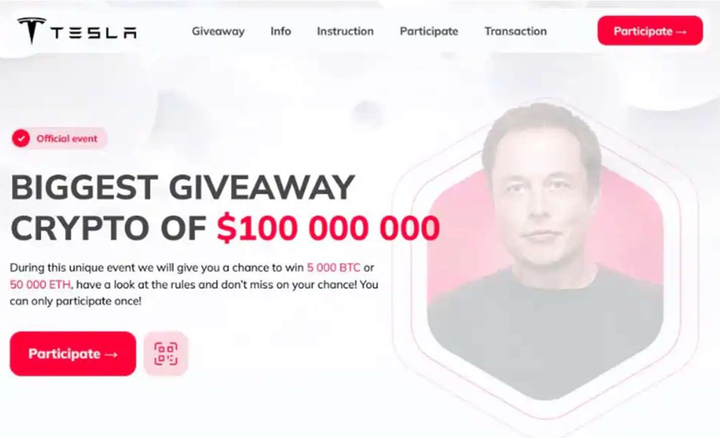 Fake Tesla-branded landing page promoting a biggest crypto giveaway of $100,000,000 featuring a photo of Elon Musk