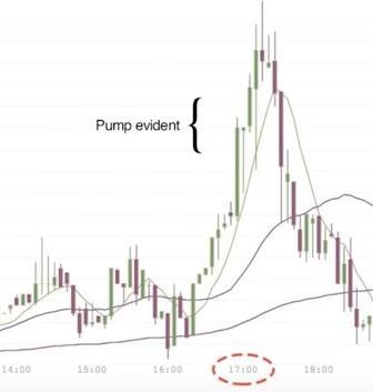 Candlestick chart showing a cryptocurrency pump starting around 16:00, peaking near 17:00, and dumping afterward, with the pump period circled