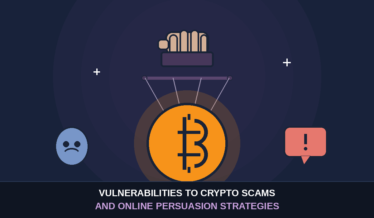 Cartoon illustration of a puppeteer's hand controlling a Bitcoin coin marionette with strings, next to a mask and a scam warning speech bubble