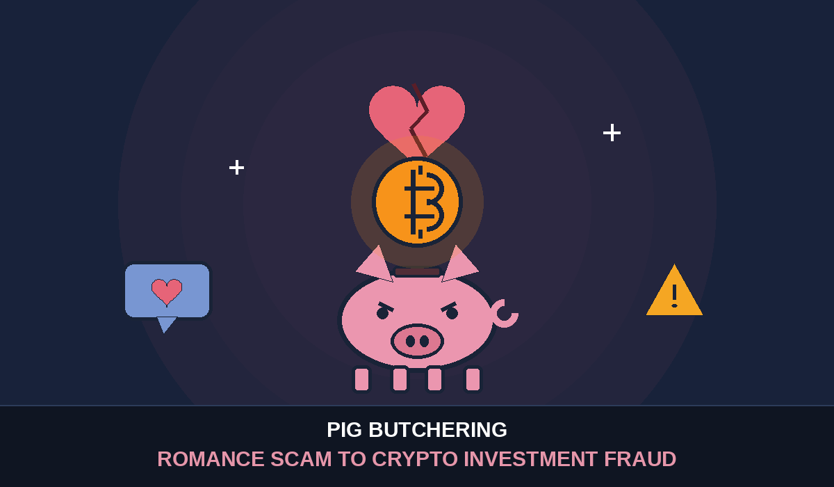Cartoon illustration of a piggy bank with a Bitcoin coin dropping into its coin slot and a cracked heart above it, representing a romance scam that escalated into crypto investment fraud